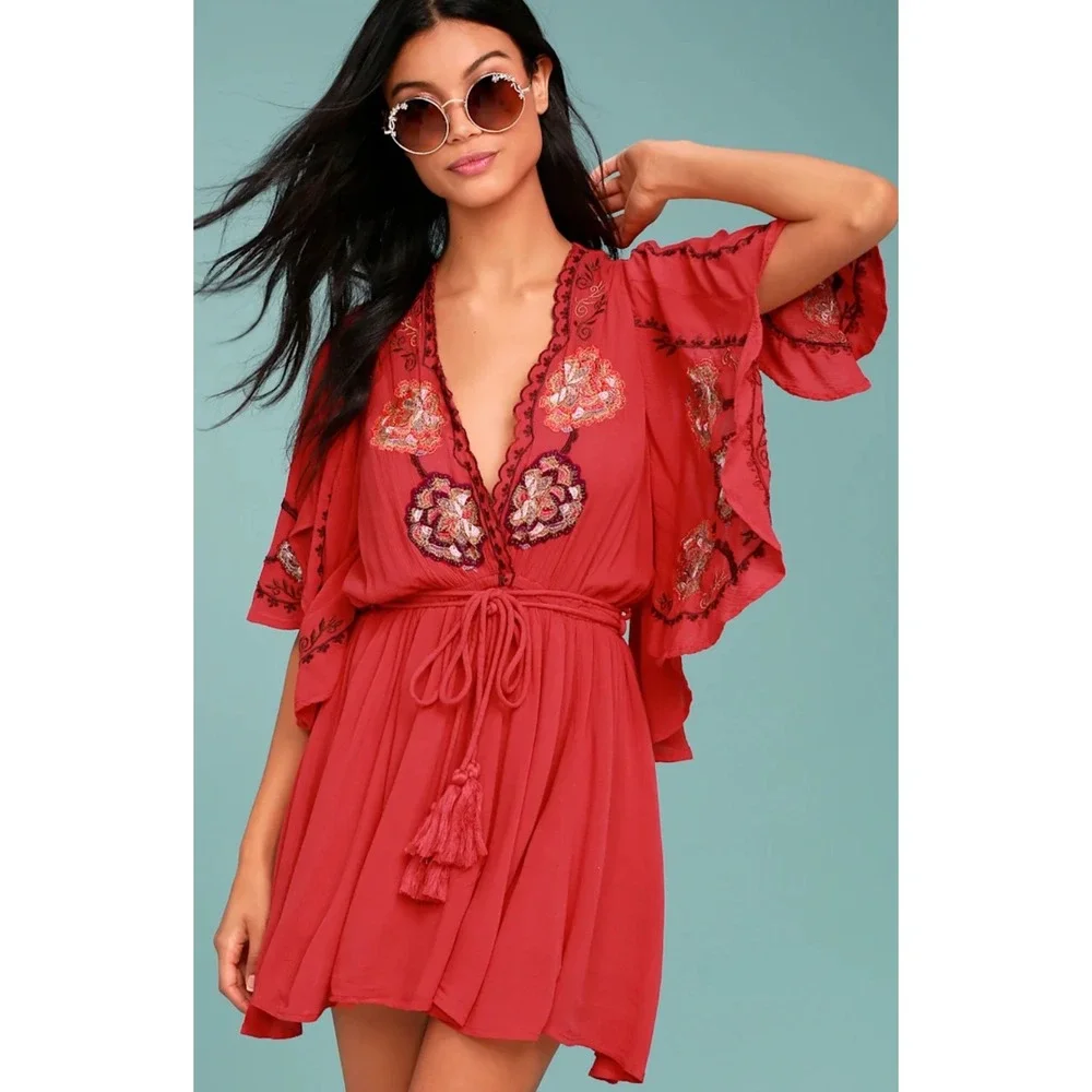 Free People Red Cora Dress Embroidered Split Sleeve Mini Fairy Festival Boho‎ XS